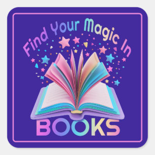 Pegatina Cuadrada Encuentra Magia En Libros Morado