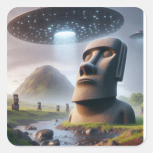 Pegatina Cuadrada Encuentro Antiguo: Estatuas de Moai y OVNIs