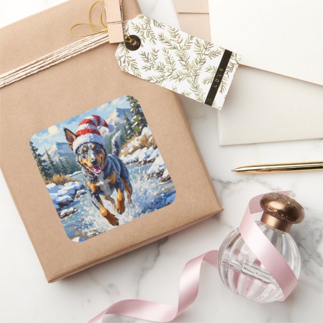 Pegatina Cuadrada Energetic Blue Heeler Dog Winter Creek Christmas (Regalar)
