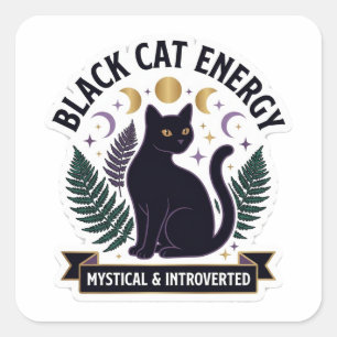 Pegatina Cuadrada Energía de Gata Negra - Celeste Mística e Introver