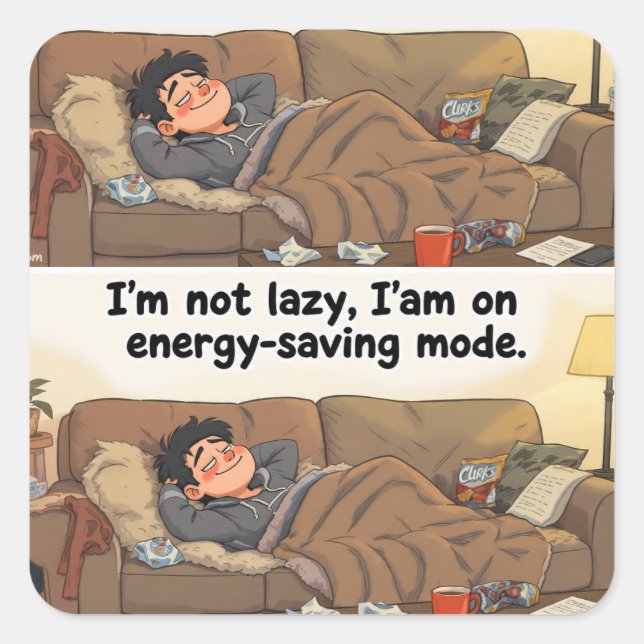 Pegatina Cuadrada Energy-Saving Mode” Sticker – Cozy Webcomic Vibes (Anverso)