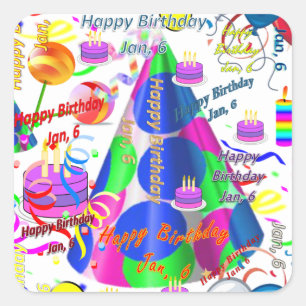 Pegatina Cuadrada Enero, 6 niños Pegatinas de cumpleaños