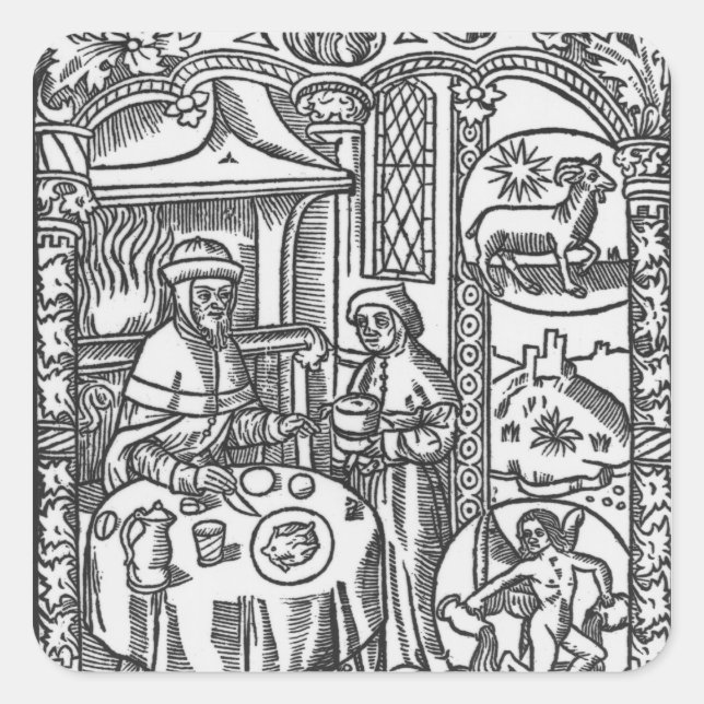 Pegatina Cuadrada Enero, del "Almanach des Bergers", 1491 (Anverso)