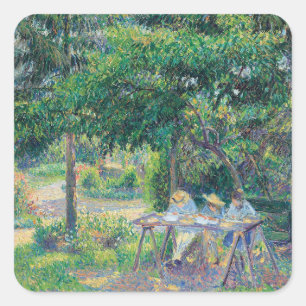 Pegatina Cuadrada Enfants attabés dans le jardin Camille Pissarro