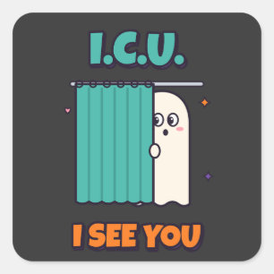 Pegatina Cuadrada Enfermera de UCI Te Ve Halloween Fantasma