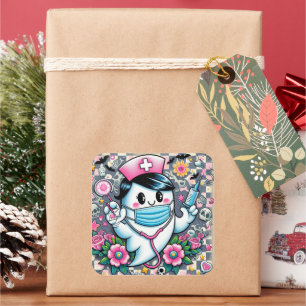 Pegatina Cuadrada Enfermera fantasma de Halloween con máscara y jeri