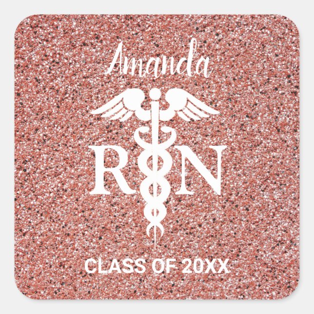 Pegatina Cuadrada Enfermera inscrita Caduceus Rosa Gold Purpurina No (Anverso)