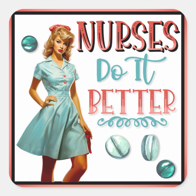 Pegatina Cuadrada Enfermera Nostálgica Cute Enfermeras De Pinup Lo H (Anverso)