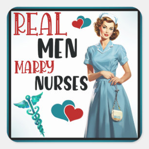 Pegatina Cuadrada Enfermera retro Pinup_ Hombres reales se casan con
