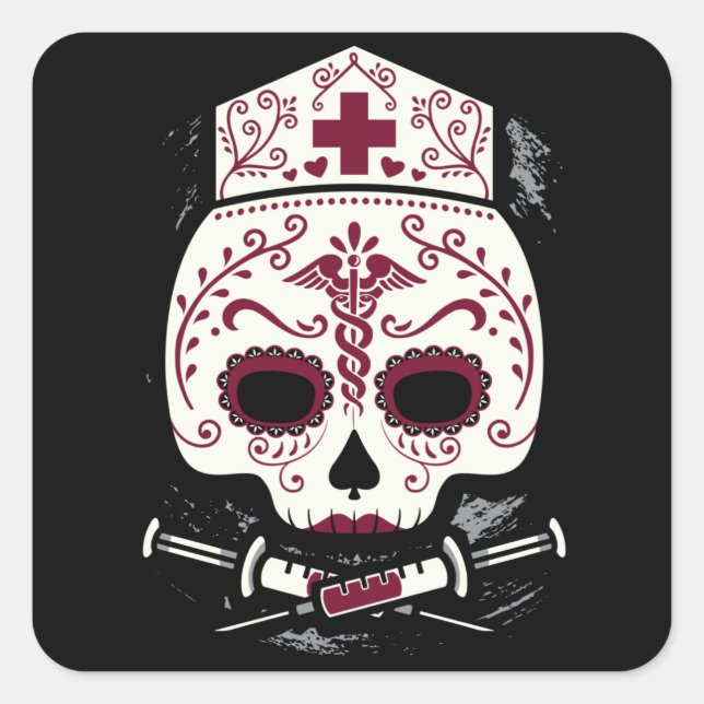 Pegatina Cuadrada Enfermera Sugar Skull (Anverso)