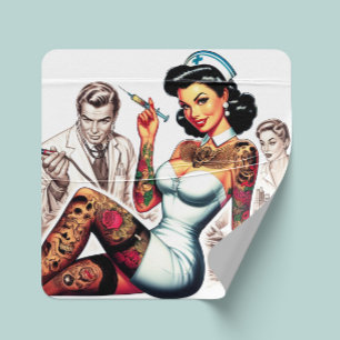 Pegatina Cuadrada Enfermera Tatuada Pin-up