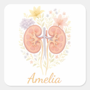 Pegatina Cuadrada Enfermera y técnico de nefrología anatómica floral