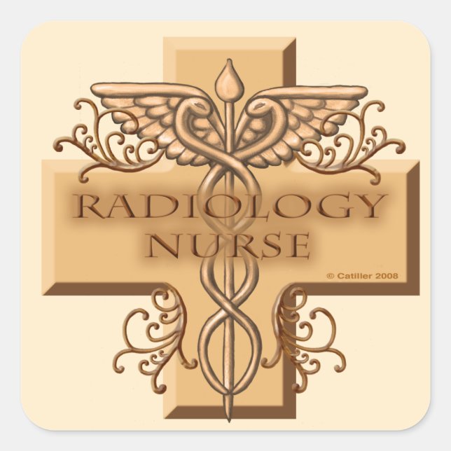 Pegatina Cuadrada Enfermero de Radiología de Caduceus Cross (Anverso)