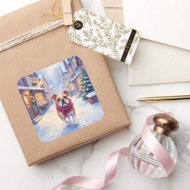 Pegatina Cuadrada English Bulldog Snowy Christmas Village Holiday (Regalar)