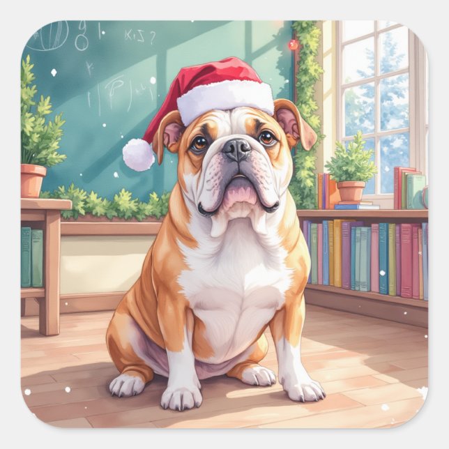 Pegatina Cuadrada English Bulldog Teacher Classroom Santa Hat (Anverso)