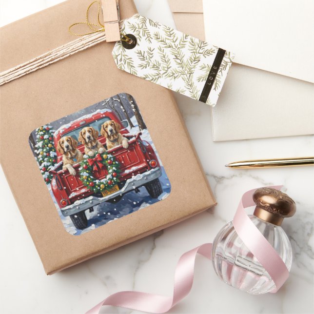 Pegatina Cuadrada English Setter Christmas Red Truck Holiday (Regalar)
