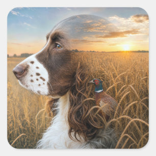 Pegatina Cuadrada English Springer Spaniel y Faisán