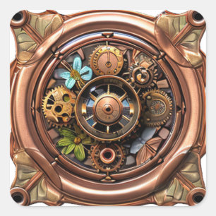 Pegatina Cuadrada Engranajes y Flores Steampunk Cobre y Metal Dorado