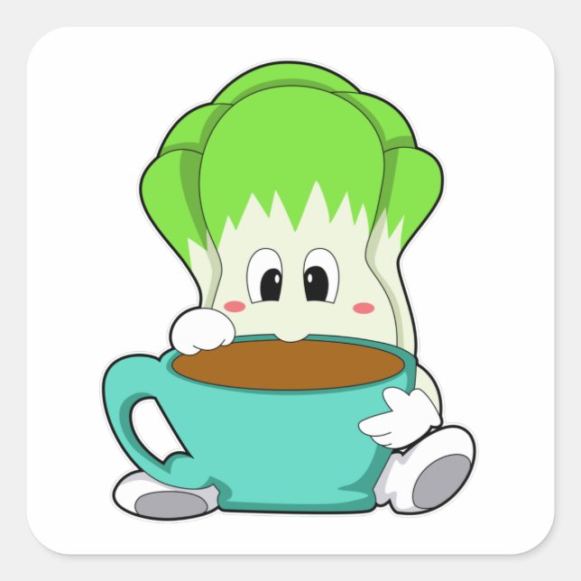 Pegatina Cuadrada Ensalada con taza de café (Anverso)