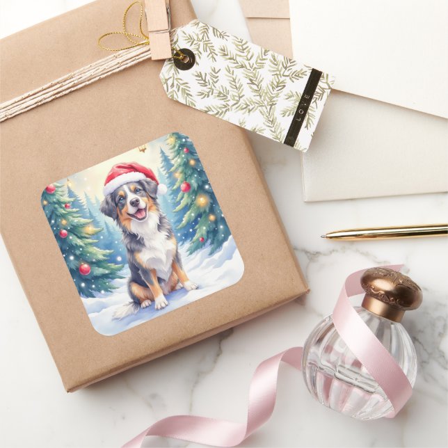 Pegatina Cuadrada Entlebucher Mountain Dog Snowy Forest Santa (Regalar)
