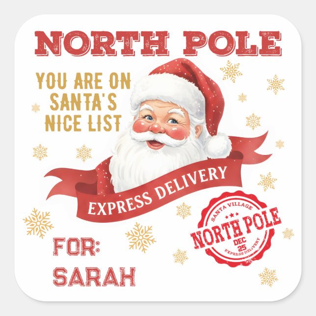 Pegatina Cuadrada Entrega del Expreso del Polo Norte Santa Navidad (Anverso)