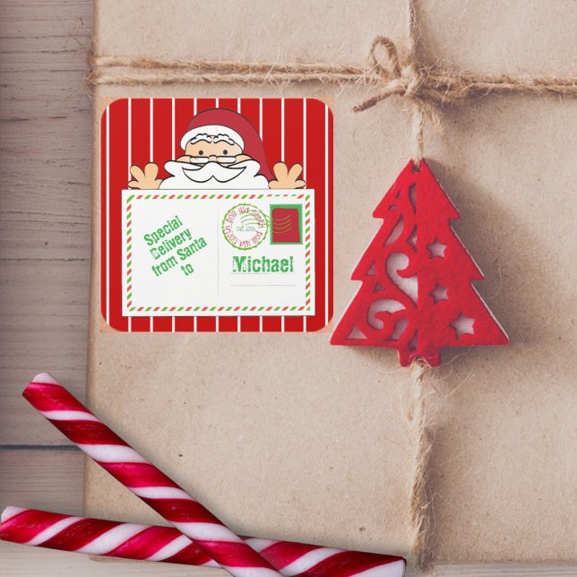 Pegatina Cuadrada Entrega especial de Santa Personalizado para niños (Subido por el creador)