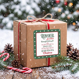 Pegatina Cuadrada Entrega exprés de Papá Noel verde navidad punteada
