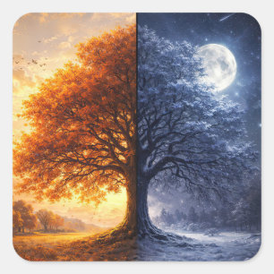 Pegatina Cuadrada Equinoccio de Otoño e Invierno y Luna del Árbol Dí