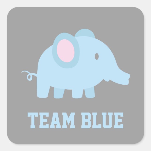 Pegatina Cuadrada Equipo azul, niño bebé elefante, Fiesta de revelac (Anverso)