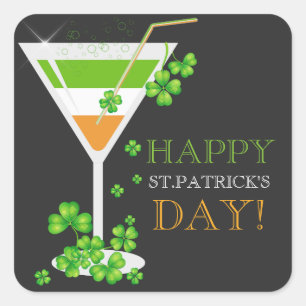 Pegatina Cuadrada Equipo de bebidas irlandés Shamrock Cocktail Pegat