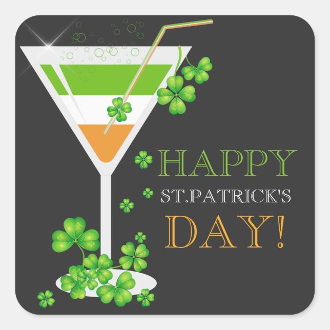 Pegatina Cuadrada Equipo de bebidas irlandés Shamrock Cocktail Pegat (Anverso)