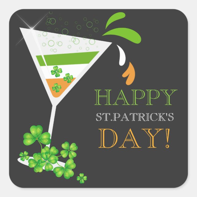 Pegatina Cuadrada Equipo de bebidas irlandés Shamrock Cocktail Pegat (Anverso)