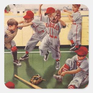 Pegatina Cuadrada Equipo de béisbol vintage, niños jugando brusco