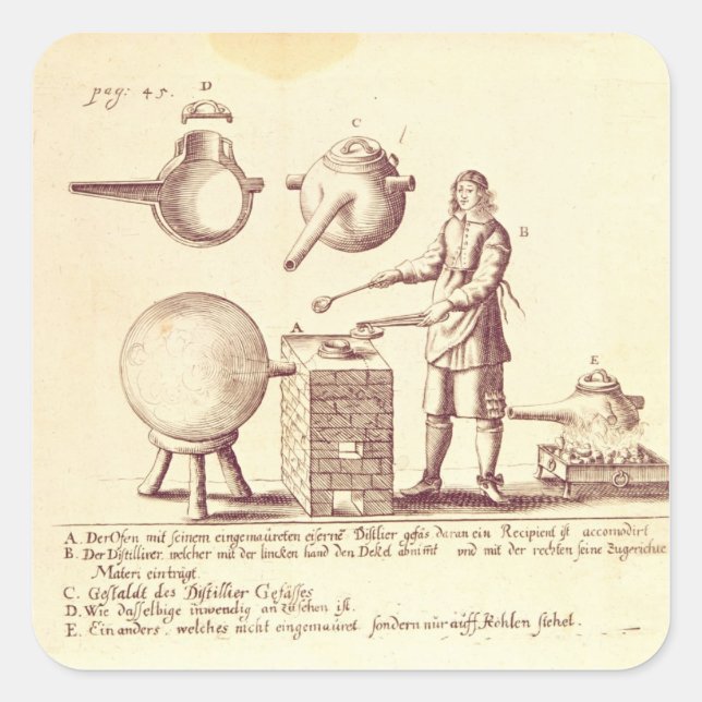 Pegatina Cuadrada Equipo de destilación (Anverso)