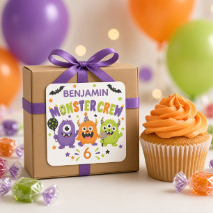 Pegatina Cuadrada Equipo de Monstruos Lindos Cumpleaños Halloween Pe