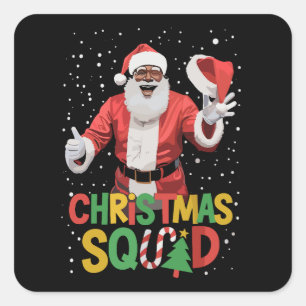 Pegatina Cuadrada Equipo de Navidad de Santa Negra Afroamericana