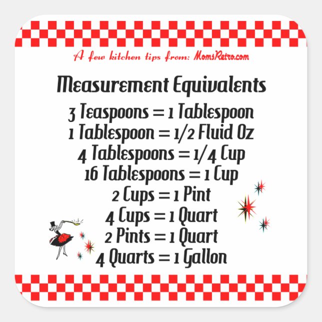 Pegatina Cuadrada Equivalentes de receta MomsRetro Kitchen Tips (Anverso)