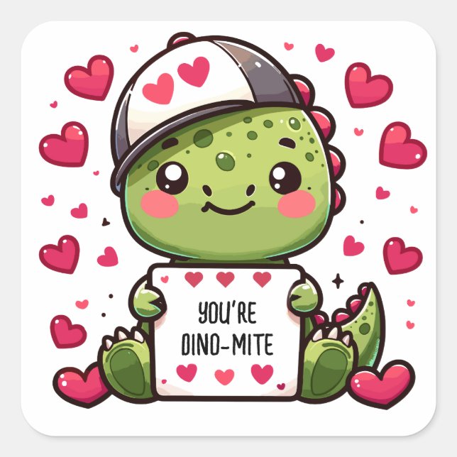 Pegatina Cuadrada ¡Eres Dino-mite! - Tarjeta Cute Dinosaur Valentine (Anverso)