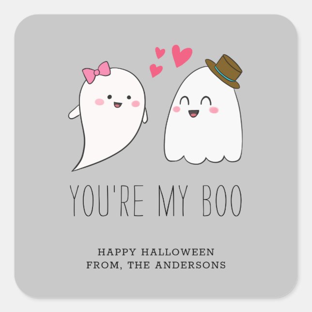 Pegatina Cuadrada Eres mi Boo Halloween Kawaii Ghost Cute Gray (Anverso)