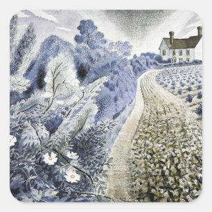 Pegatina Cuadrada Eric Ravilious - Farmhouse and Field
