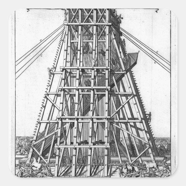 Pegatina Cuadrada Erigiendo el antiguo Obelisco Egipcio (Anverso)