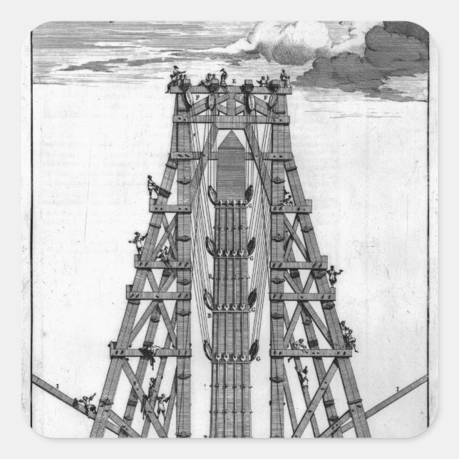 Pegatina Cuadrada Erigiendo el antiguo Obelisco Egipcio (Anverso)