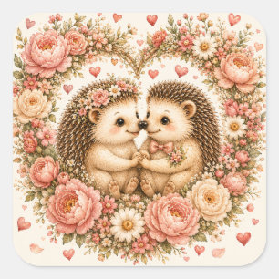 Pegatina Cuadrada Erizo Adorable Enamorado Corazón Floral San Valent