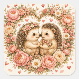 Pegatina Cuadrada Erizo Adorable Enamorado Corazón Floral San Valent