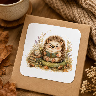 Pegatina Cuadrada Erizo Adorable Leyendo Libro Otoño Acogedor