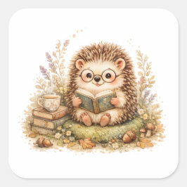 Pegatina Cuadrada Erizo Adorable Leyendo Libro Otoño Acogedor