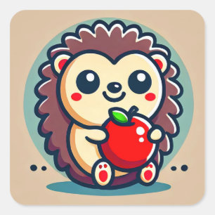 Pegatina Cuadrada Erizo Adorable Sosteniendo Manzana Roja