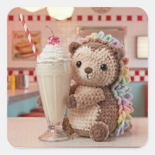 Pegatina Cuadrada Erizo ganchillo y batido en restaurante retro