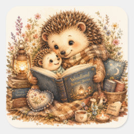 Pegatina Cuadrada Erizo padre leyendo cuento antes de dormir