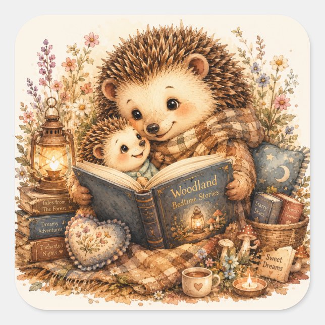 Pegatina Cuadrada Erizo padre leyendo cuento antes de dormir (Anverso)